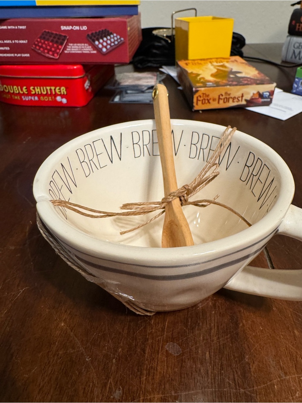 Mud Pie Cream Ceramic BREW Tea Mug with Natural Wooden Spoon